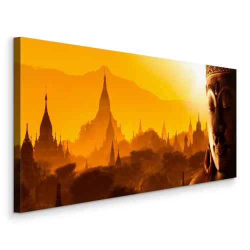 Bild Buddha mit Tempeln im Hintergrund bei Sonnenuntergang