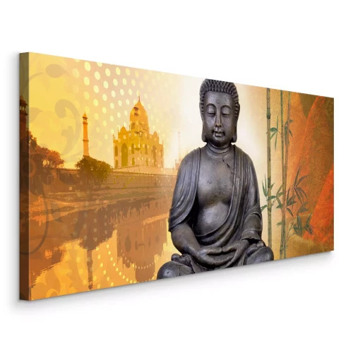 Bild Buddha während der Meditation, im Hintergrund ein Tempel