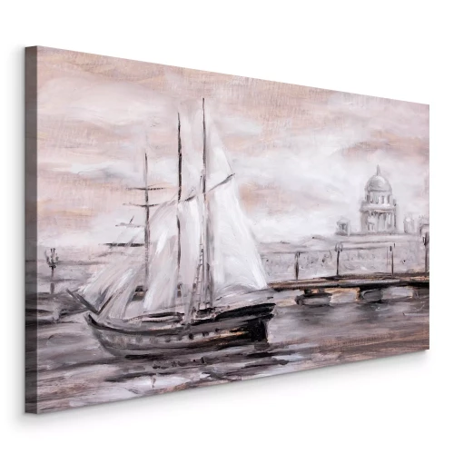 Bild Ein gemaltes Schiff vor dem Hintergrund eines Stadtpanoramas