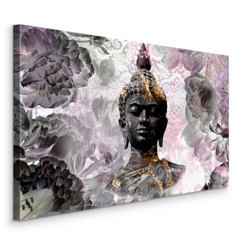 Bild Buddha vor einem Hintergrund aus rosa und grauen Blumen und dekorativen Mustern