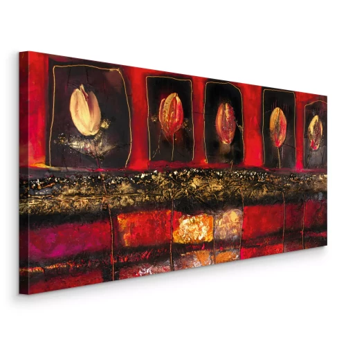 Bild Abstrakte Komposition von Tulpen auf rotem Hintergrund