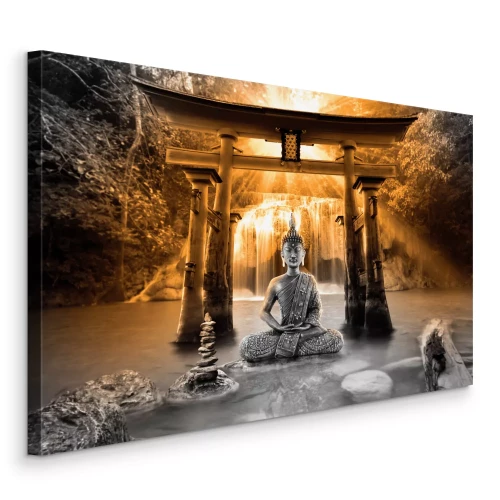 Bild Buddha mit Wasserfall im Hintergrund in zwei Farben