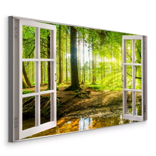 Bild Ein offenes Fenster mit Blick auf den Fluss und den Wald