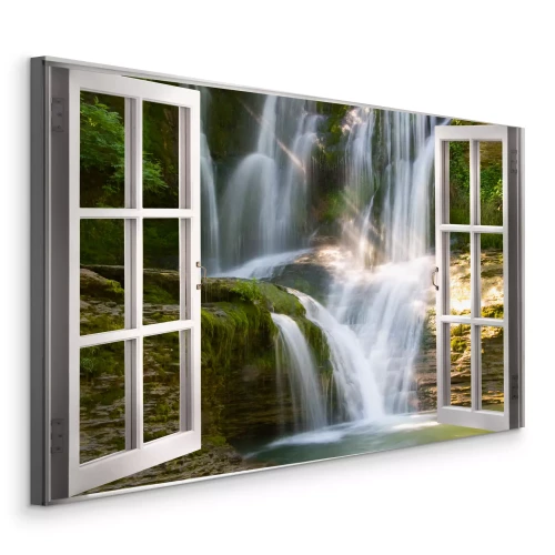 Bild Fenster mit Blick auf den Wasserfall und die Felsen