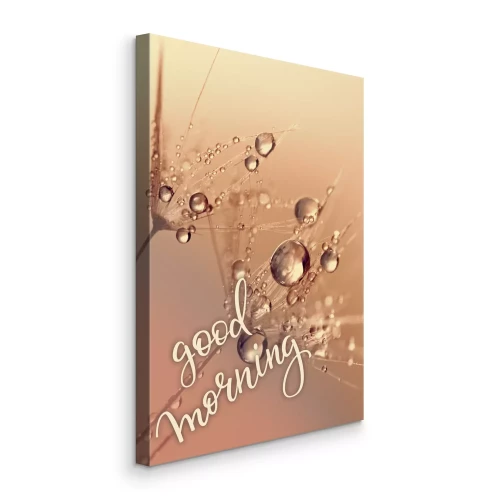 Bild Beige Löwenzahnblüten mit Tau und den Worten „Guten Morgen“