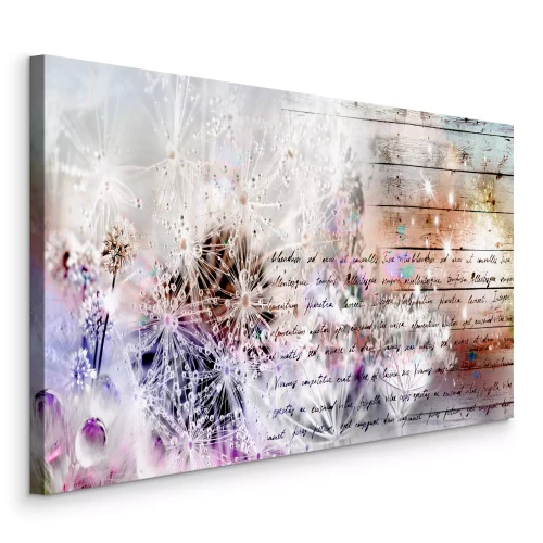 Bild Pastellfarbene Löwenzahnblüten mit Text auf Holzgrund