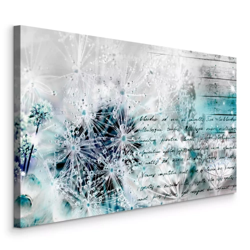 Bild Löwenzahnblüten mit Tau auf kühlfarbigem Holzgrund