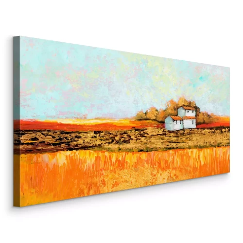 Bild Häuser vor dem Hintergrund goldener und orangefarbener Felder