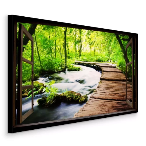 Bild Holzfenster mit Blick auf den Fluss im Wald