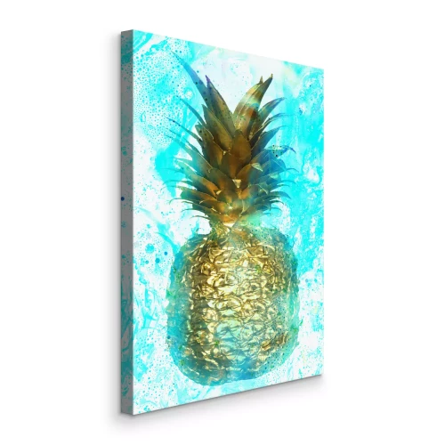 Bild Eine goldene Ananas vor einem Hintergrund aus türkisfarbenen Farbtupfern