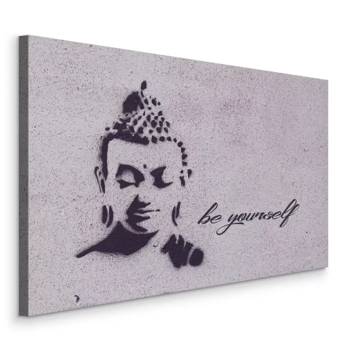 Bild Graffiti eines Buddha-Gesichts mit dem Text &quot;Sei du selbst&quot;