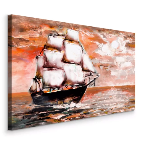 Bild Ein Segelschiff auf See vor einem orangefarbenen Himmel