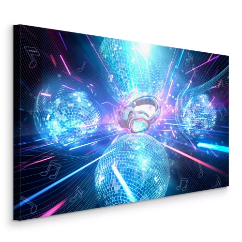 Bild Blaue Bühne mit Discokugeln und Kopfhörern