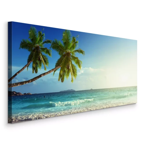 Bild Zwei Palmen, die sich über das türkisfarbene Meer neigen