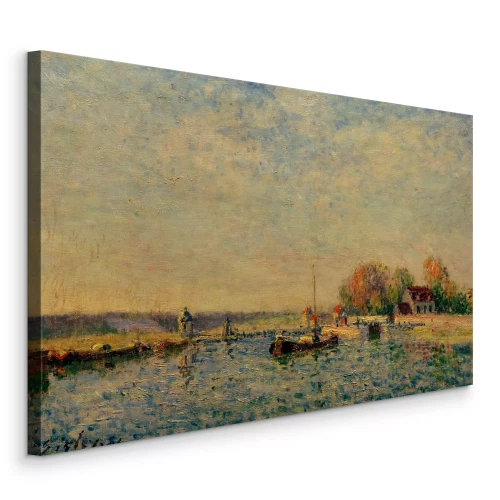 Bild Aquarelllandschaft mit einem Boot auf einem See und einem Haus im Hintergrund