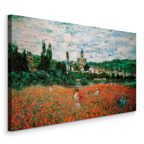 Bild Figuren auf einer Mohnwiese mit Blick auf eine hügelige Stadt