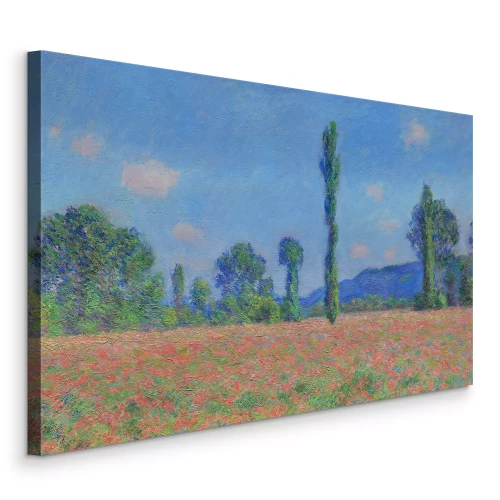 Bild Ein malerisches Feld roter Mohnblumen, umgeben von einem dichten Baumhain