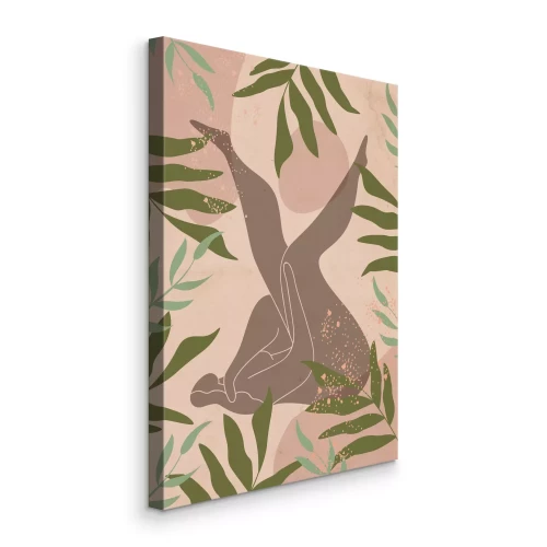 Bild Abstrakte Silhouette einer Frau auf beigem Hintergrund mit Blättern.