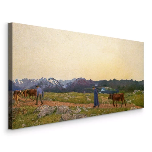 Bild Menschen führen eine Kuhherde durch eine malerische Lichtung in den Bergen