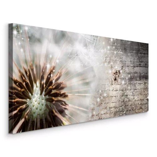 Bild Nahaufnahme einer Pusteblume mit Text in Braun- und Grautönen.