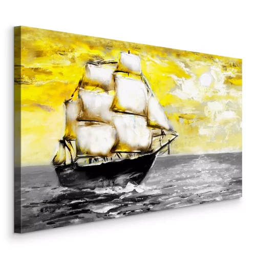 Bild Ein schwarzes Schiff mit weißen Segeln vor gelbem Himmel