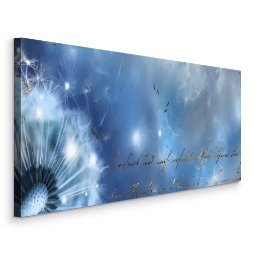 Bild Löwenzahnblüten schweben auf blauem Hintergrund mit Text