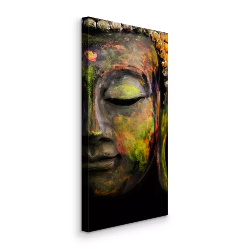 Bild Vertikales Halbprofil des Buddha in grünen und gelben Farben