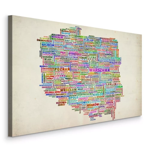 Bild Eine farbenfrohe Karte von Polen, bestehend aus Ortsnamen.