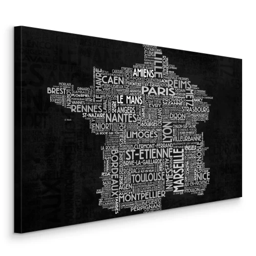 Bild Eine Karte von Frankreich, bestehend aus Städtenamen auf dunklem Hintergrund.