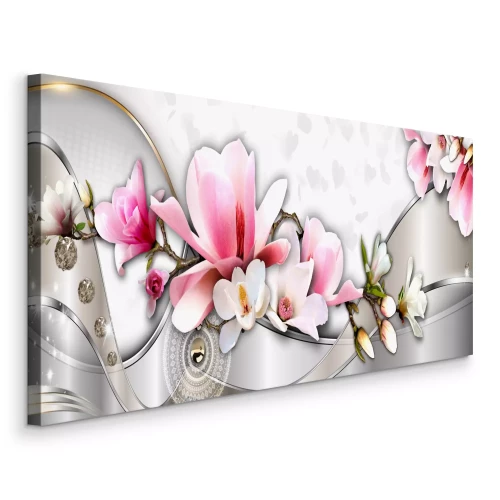 Bild Eine elegante Komposition aus rosa Magnolien auf metallischem Hintergrund