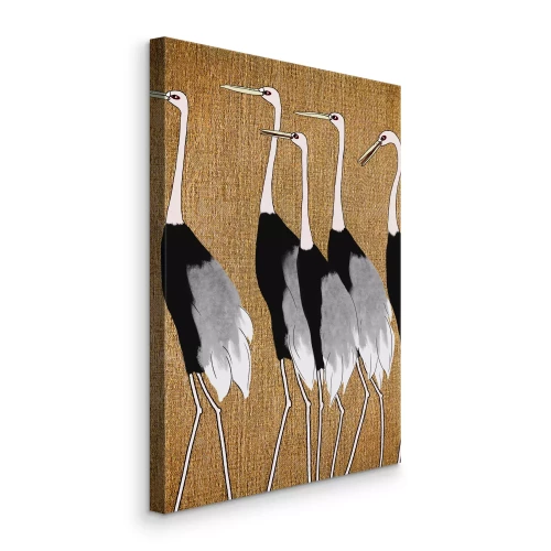 Bild Fünf japanische Kraniche auf leinenartigem Hintergrund