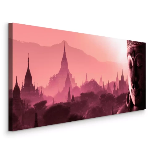 Bild Rosa Landschaft mit Tempeln und einem halbprofilierten Buddha