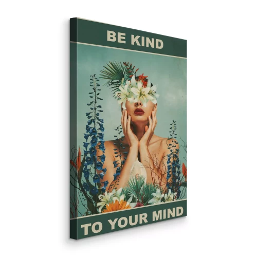 Bild Eine Frau, umgeben von Blumen und den Worten „Sei freundlich zu deinem Geist“.