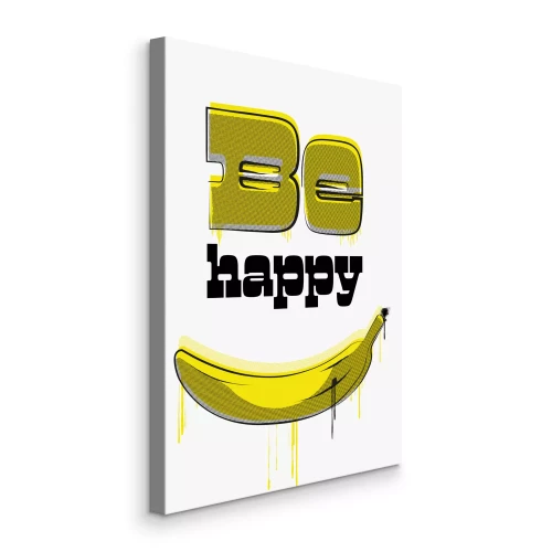 Bild Eine gelbe Banane mit der Aufschrift „Sei glücklich“.