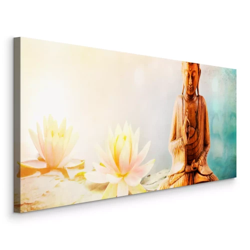 Bild Buddha meditiert neben Lotusblumen