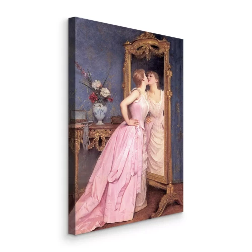 Bild Eine Frau in einem rosa Kleid betrachtet sich im Spiegel