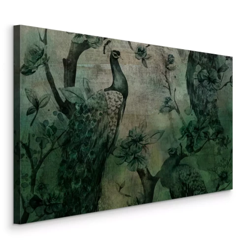 Bild Dunkelgrünes Motiv mit Pfau und Blumen auf strukturiertem Hintergrund