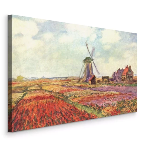 Bild Eine malerische Landschaft mit einem Blumenfeld, einem Häuschen und einer Windmühle
