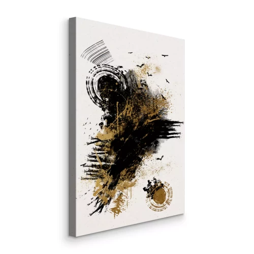 Bild Abstraktion in Schwarz und Gold mit Vögeln in dynamischem Stil