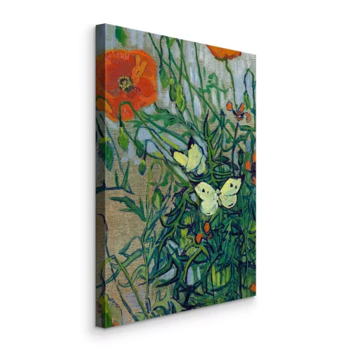 Bild Landschaft einer Wiese mit Mohnblumen und schwebenden Schmetterlingen