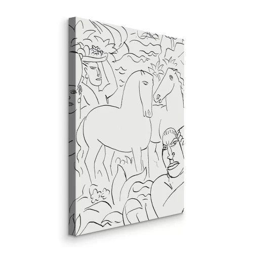 Bild Eine Figur mit einem Krug und Früchten inmitten von Pferden