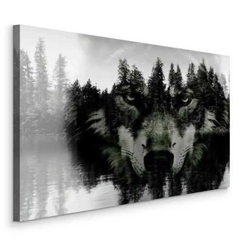 Bild Ein Wolf in einer abstrakten Landschaft eines Nadelwaldes