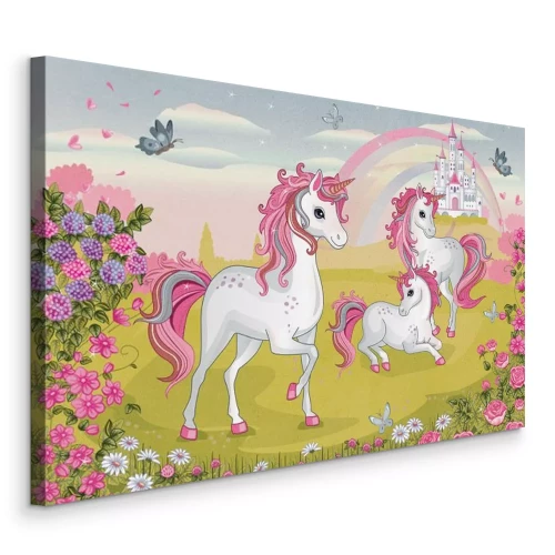 Bild Einhörner inmitten von Blumen, im Hintergrund ein Schloss.