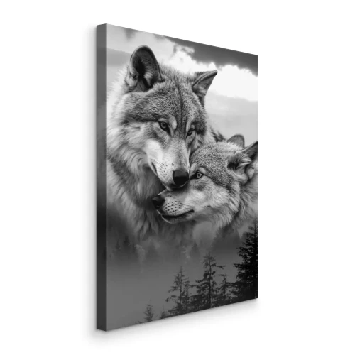 Bild Schwarz-weißer, nebliger Wald mit Wolfssilhouetten