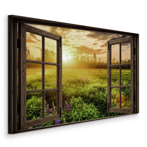 Bild Das goldene Licht der untergehenden Sonne, das Wiese und Wald erhellt.