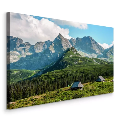 Bild Holzhütten inmitten von Bergnadelwäldern