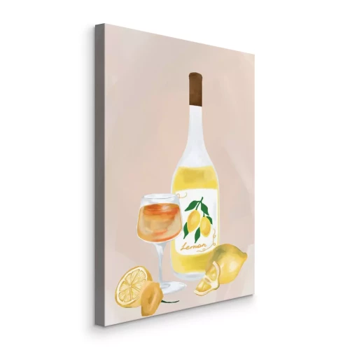 Bild Eine Flasche Zitronenwein mit einem Glas auf dem Tisch