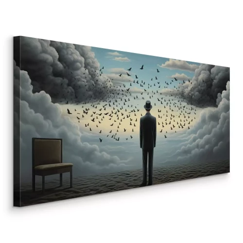 Bild Ein Mann mit einem Vogelschwarm und einem Stuhl im Hintergrund