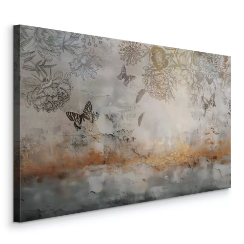 Bild Skizze von Blumen und Schmetterlingen an einer Betonwand