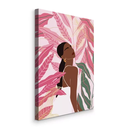 Bild Porträt einer Frau in einem weißen Kleid vor dem Hintergrund rosa Blätter